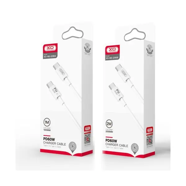 КАБЕЛЬ XO NB-Q190B 60W CHARGER CABLE TYPE-C TO TYPE-C 2M, БІЛИЙ