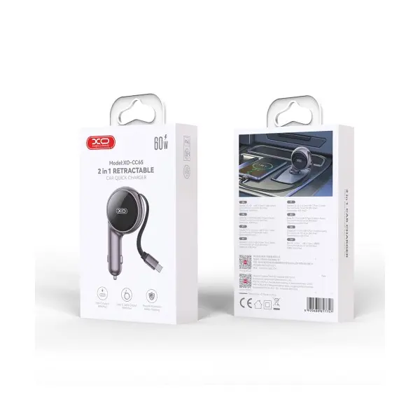 АВТОМОБІЛЬНИЙ ЗАРЯДНИЙ ПРИСТРІЙ XO CC65 2IN1 WITH RETRACTABLE CAR CHARGER ФІОЛЕТОВИЙ