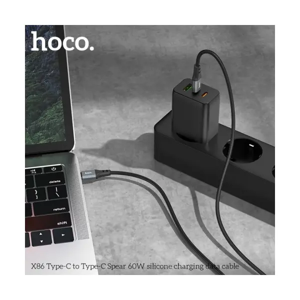 КАБЕЛЬ PD HOCO X86 TYPE-C TO TYPE-C SPEAR 60W SILICONE CHARGING DATA CABLE 1M, ЧОРНИЙ
