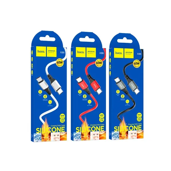 КАБЕЛЬ PD HOCO X86 TYPE-C TO TYPE-C SPEAR 60W SILICONE CHARGING DATA CABLE 1M, ЧОРНИЙ