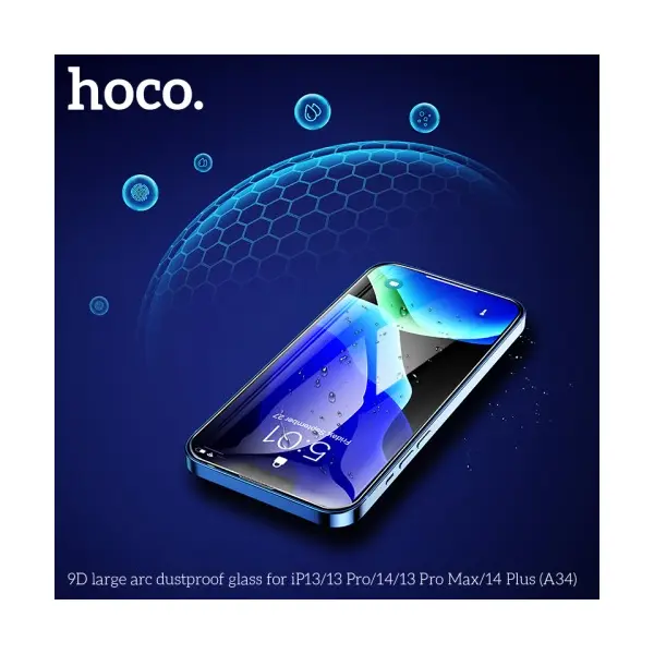 MR4_62090 Захисне скло hoco a34 9d large arc dustproof для iphone 13 pro max, 14plus, чорний HOCO