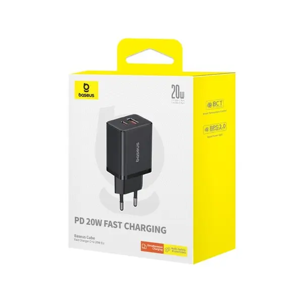 MR4_128964 Мережевий зарядний пристрій baseus cube fast charger c+u 20w eu cluster, чорний p10111403113-00 