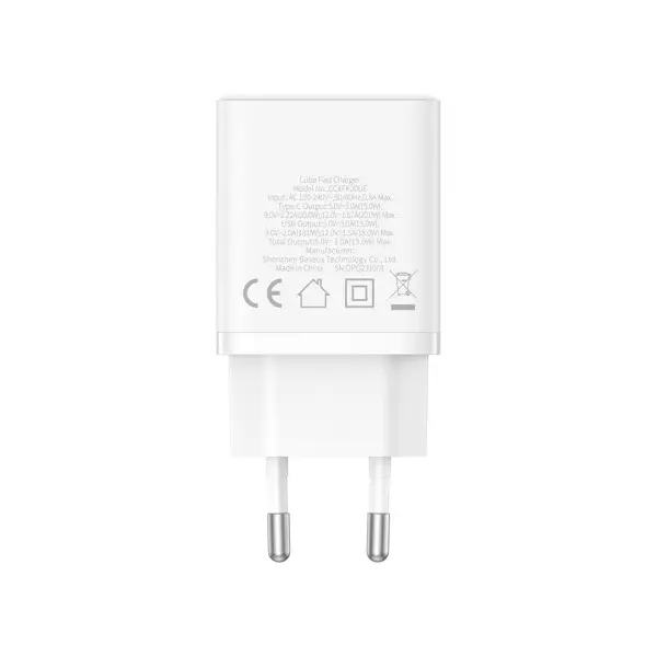 МЕРЕЖЕВИЙ ЗАРЯДНИЙ ПРИСТРІЙ BASEUS CUBE FAST CHARGER C+U 20W EU CLUSTER, БІЛИЙ P10111403213-00