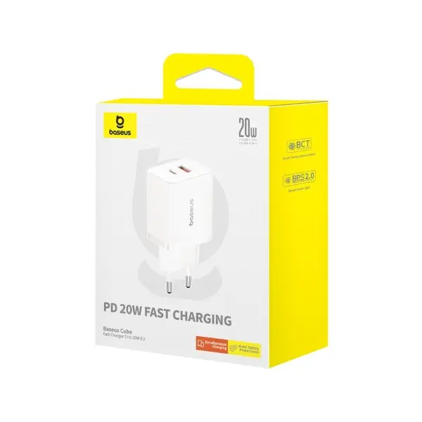 МЕРЕЖЕВИЙ ЗАРЯДНИЙ ПРИСТРІЙ BASEUS CUBE FAST CHARGER C+U 20W EU CLUSTER, БІЛИЙ P10111403213-00