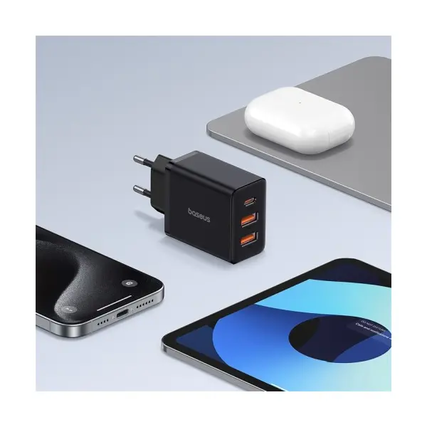 МЕРЕЖЕВИЙ ЗАРЯДНИЙ ПРИСТРІЙ BASEUS CUBE FAST CHARGER 2U+C 30W EU CLUSTER, ЧОРНИЙ P10111402113-00