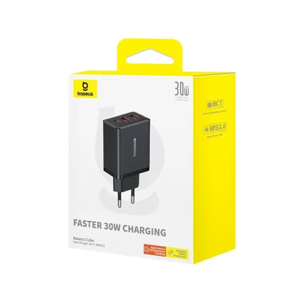 МЕРЕЖЕВИЙ ЗАРЯДНИЙ ПРИСТРІЙ BASEUS CUBE FAST CHARGER 2U+C 30W EU CLUSTER, ЧОРНИЙ P10111402113-00