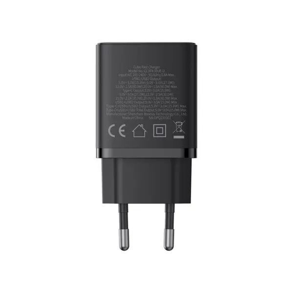 МЕРЕЖЕВИЙ ЗАРЯДНИЙ ПРИСТРІЙ BASEUS CUBE FAST CHARGER 2U+C 30W EU CLUSTER, ЧОРНИЙ P10111402113-00