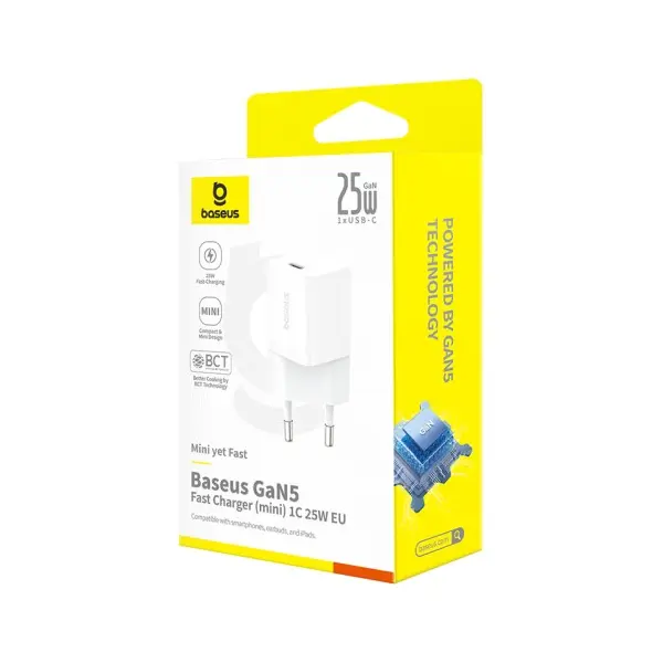 МЕРЕЖЕВИЙ ЗАРЯДНИЙ ПРИСТРІЙ BASEUS GAN5 FAST CHARGER (MINI) 1C 25W EU, БІЛИЙ P10110909213-00