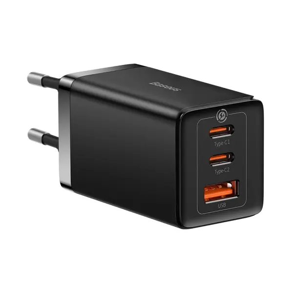 МЕРЕЖЕВИЙ ЗАРЯДНИЙ ПРИСТРІЙ BASEUS GAN5 PRO FAST CHARGER 2C+U 65W EU CABLE TYPE-C TO TYPE-C 1M, ЧОРНИЙ CCGP120201