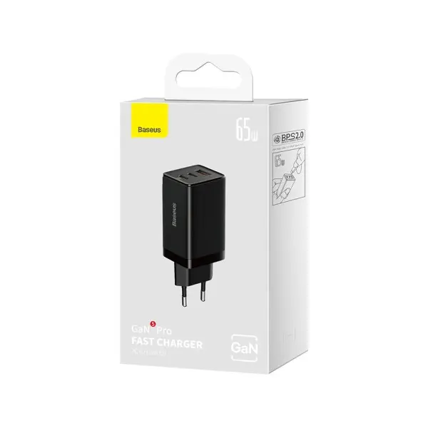 МЕРЕЖЕВИЙ ЗАРЯДНИЙ ПРИСТРІЙ BASEUS GAN5 PRO FAST CHARGER 2C+U 65W EU CABLE TYPE-C TO TYPE-C 1M, ЧОРНИЙ CCGP120201