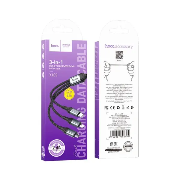 MR4_132445 Кабель hoco x102 fresh 3in1 charging data cable (lightning, micro, type-c) 1m, чорний 