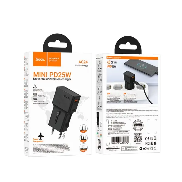 MR4_132686 Мережевий зарядний пристрій hoco ac24 mini pd25w+qc3.0 universal travel charger, чорний 