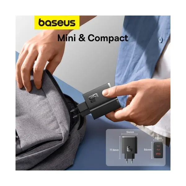 МЕРЕЖЕВИЙ ЗАРЯДНИЙ ПРИСТРІЙ BASEUS CUBE PRO FAST CHARGER 2C+U 65W, ЧОРНИЙ P10152301113-00