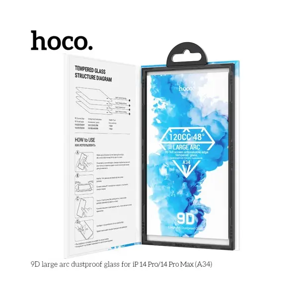 ЗАХИСНЕ СКЛО HOCO A34 9D LARGE ARC DUSTPROOF ДЛЯ IPHONE 14 PRO, ЧОРНИЙ
