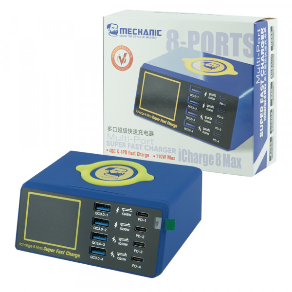 MR1_100178 Зарядное устройство mechanic icharge 8 max (4 usb qc3.0, 4 pd 20-45w usb-c, 15w беспроводная зарядка) MECHANIC