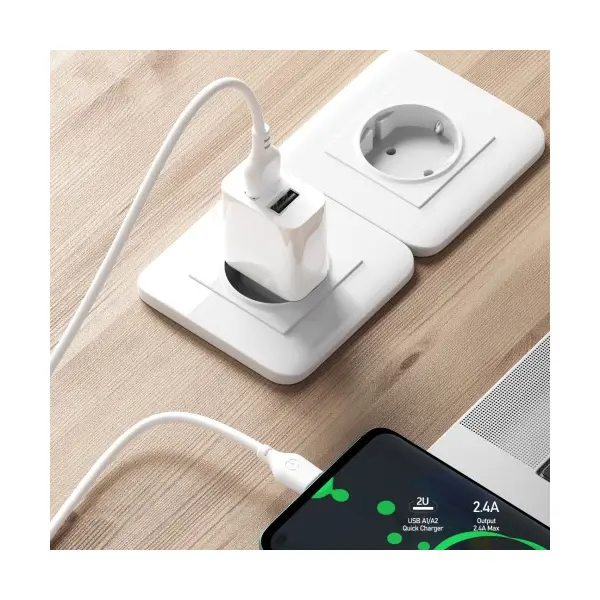 МЕРЕЖЕВИЙ ЗАРЯДНИЙ ПРИСТРІЙ XO L109 (EU) DUAL USB-A 2.4A CHARGER WITH TYPE-C CABLE, БІЛИЙ