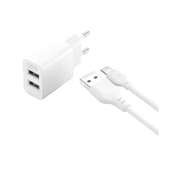 МЕРЕЖЕВИЙ ЗАРЯДНИЙ ПРИСТРІЙ XO L109 (EU) DUAL USB-A 2.4A CHARGER WITH TYPE-C CABLE, БІЛИЙ