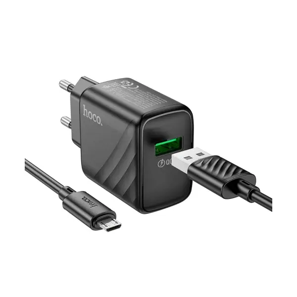 МЕРЕЖЕВИЙ ЗАРЯДНИЙ ПРИСТРІЙ HOCO CS21A RICH SINGLE PORT QC3.0 CHARGER SET (MICRO), (EU), ЧОРНИЙ