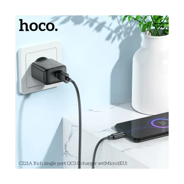 МЕРЕЖЕВИЙ ЗАРЯДНИЙ ПРИСТРІЙ HOCO CS21A RICH SINGLE PORT QC3.0 CHARGER SET (MICRO), (EU), ЧОРНИЙ