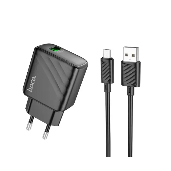 МЕРЕЖЕВИЙ ЗАРЯДНИЙ ПРИСТРІЙ HOCO CS21A RICH SINGLE PORT QC3.0 CHARGER SET (MICRO), (EU), ЧОРНИЙ