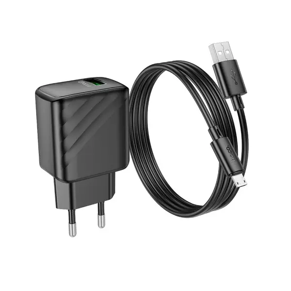 МЕРЕЖЕВИЙ ЗАРЯДНИЙ ПРИСТРІЙ HOCO CS21A RICH SINGLE PORT QC3.0 CHARGER SET (MICRO), (EU), ЧОРНИЙ