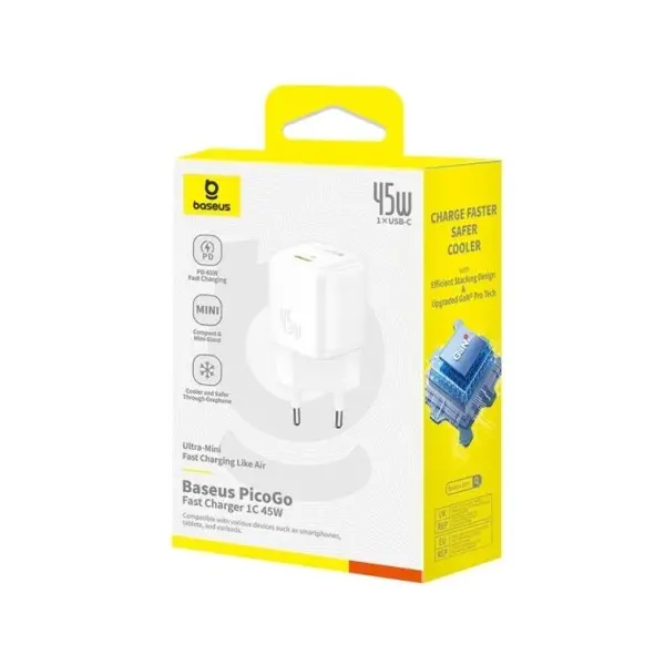 МЕРЕЖЕВИЙ ЗАРЯДНИЙ ПРИСТРІЙ BASEUS PICOGO GAN FAST CHARGER 1C 45W, ЧОРНИЙ P10176800123-00