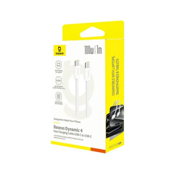 КАБЕЛЬ PD BASEUS DYNAMIC 4 FAST CHARGING TYPE-C TO TYPE-C 100W 1M, БІЛИЙ P10381400211-00