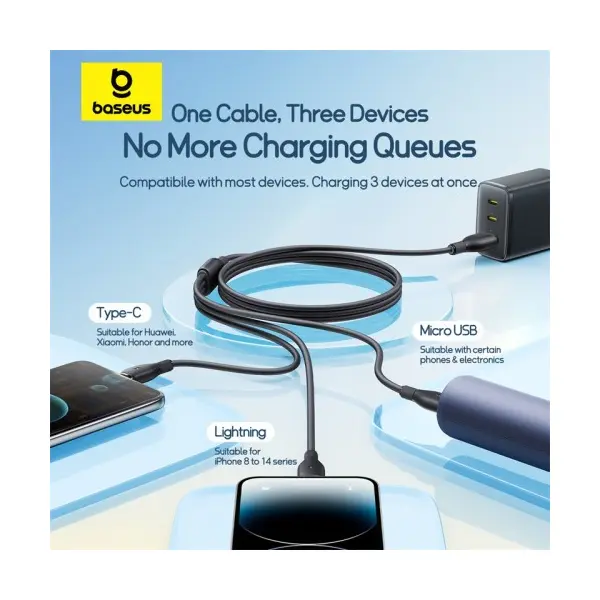 MR4_135359 Кабель baseus ultra-fast 3in1 fast charging cable usb-a to (lightning, micro, type-c) 3.5a 0.8m, чорний p10376303121-01 