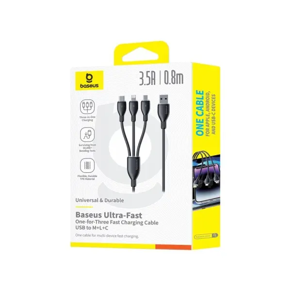 MR4_135359 Кабель baseus ultra-fast 3in1 fast charging cable usb-a to (lightning, micro, type-c) 3.5a 0.8m, чорний p10376303121-01 