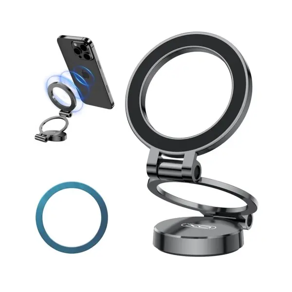 АВТОТРИМАЧ XO C161 APPLE MAGSAFE MAGNETIC TRI-FOLD PHONE HOLDER (WITH MAGNET RING), ЧОРНИЙ