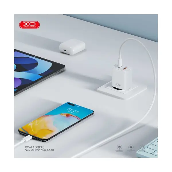 MR4_136205 Мережевий зарядний пристрій xo l130 (eu) pd30w, qc18w (1type-c+1usb-a) fast charging charger, білий 