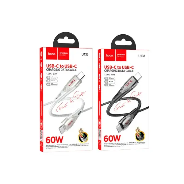КАБЕЛЬ PD HOCO U133 MONTE 60W CHARGING DATA CABLE TYPE-C TO TYPE-C 1.2M, ЧОРНИЙ