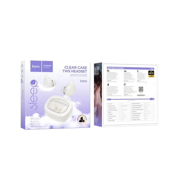 НАВУШНИКИ БЕЗДРОТОВІ HOCO EW65 SHADOW TRUE WIRELESS SLEEP BT HEADSET, БІЛИЙ