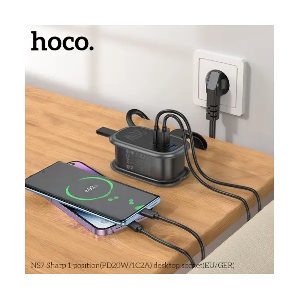 МЕРЕЖЕВИЙ ПОДОВЖУВАЧ HOCO NS7 SHARP 1 POSITION (PD20W, 1C2A) DESKTOP SOCKET (EU, GER), ЧОРНИЙ