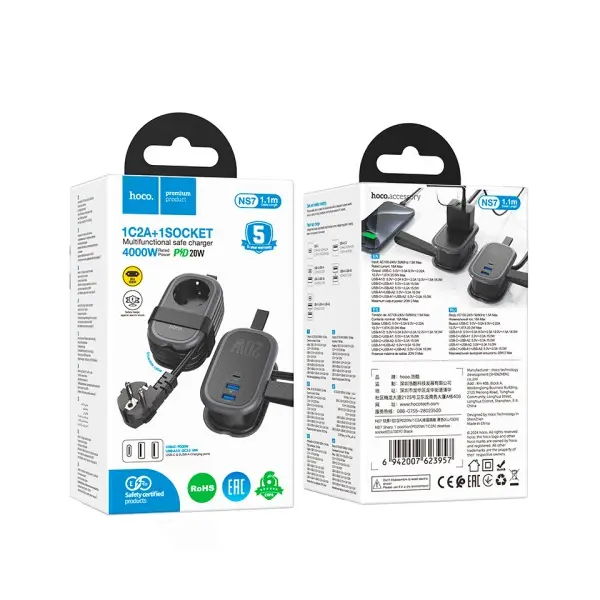 МЕРЕЖЕВИЙ ПОДОВЖУВАЧ HOCO NS7 SHARP 1 POSITION (PD20W, 1C2A) DESKTOP SOCKET (EU, GER), ЧОРНИЙ