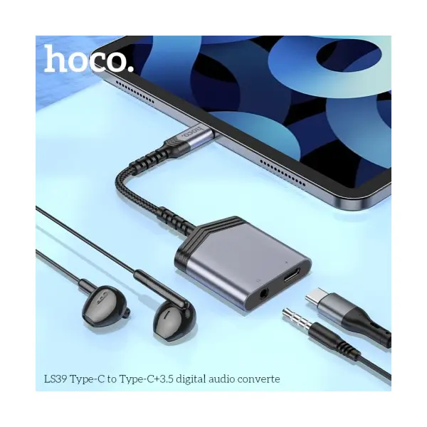 АДАПТЕР АУДІО HOCO LS39 TYPE-C TO TYPE-C+3.5 DIGITAL AUDIO CONVERTER 1.5M METAL, СІРИЙ