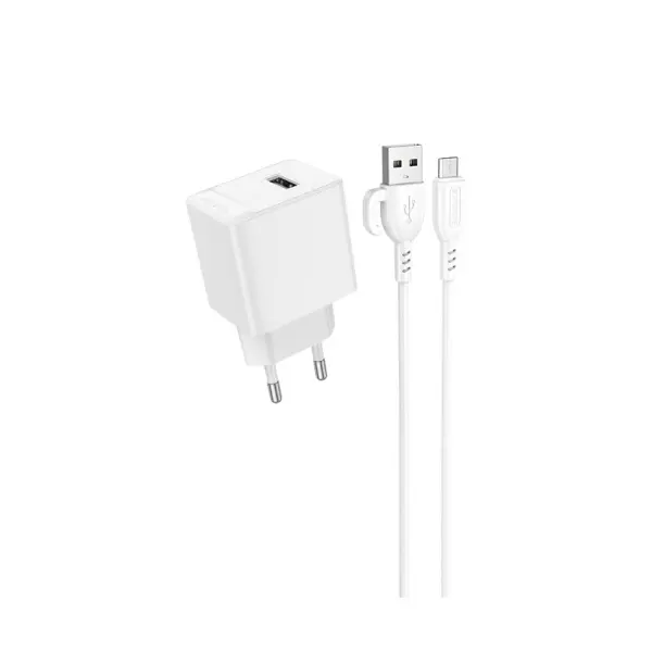 МЕРЕЖЕВИЙ ЗАРЯДНИЙ ПРИСТРІЙ BOROFONE BAS11A ERUDITE SINGLE PORT 1USB, 2.1A + CABLE MICRO, БІЛИЙ