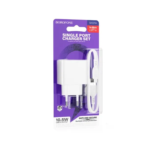 МЕРЕЖЕВИЙ ЗАРЯДНИЙ ПРИСТРІЙ BOROFONE BAS11A ERUDITE SINGLE PORT 1USB, 2.1A + CABLE MICRO, БІЛИЙ