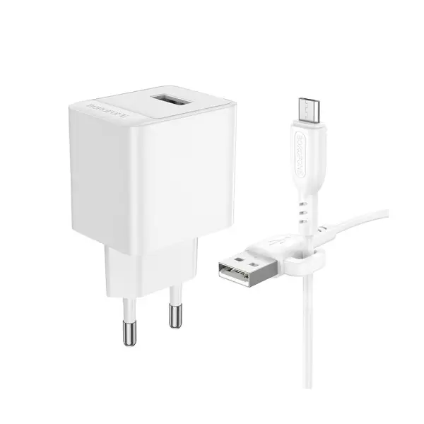 МЕРЕЖЕВИЙ ЗАРЯДНИЙ ПРИСТРІЙ BOROFONE BAS11A ERUDITE SINGLE PORT 1USB, 2.1A + CABLE MICRO, БІЛИЙ