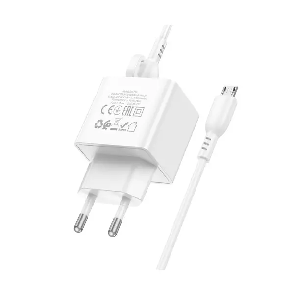 МЕРЕЖЕВИЙ ЗАРЯДНИЙ ПРИСТРІЙ BOROFONE BAS11A ERUDITE SINGLE PORT 1USB, 2.1A + CABLE MICRO, БІЛИЙ