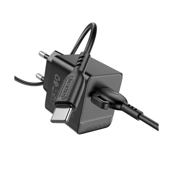 МЕРЕЖЕВИЙ ЗАРЯДНИЙ ПРИСТРІЙ BOROFONE BAS11A ERUDITE SINGLE PORT 1USB, 2.1A+ CABLE TYPE-C, ЧОРНИЙ