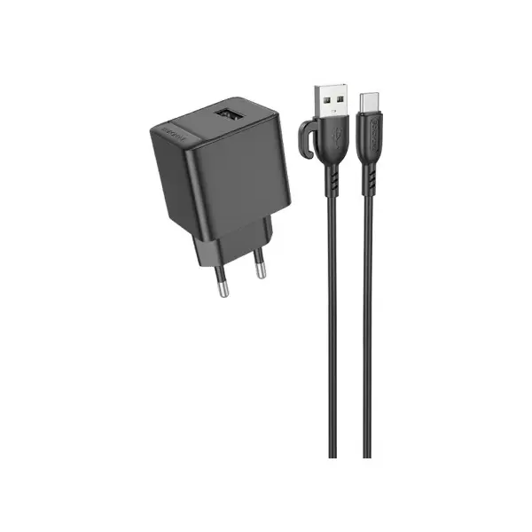 МЕРЕЖЕВИЙ ЗАРЯДНИЙ ПРИСТРІЙ BOROFONE BAS11A ERUDITE SINGLE PORT 1USB, 2.1A+ CABLE TYPE-C, ЧОРНИЙ