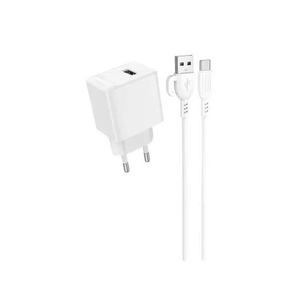MR4_137600 Мережевий зарядний пристрій borofone bas11a erudite single port 1usb, 2.1a+ cable type-c, білий 
