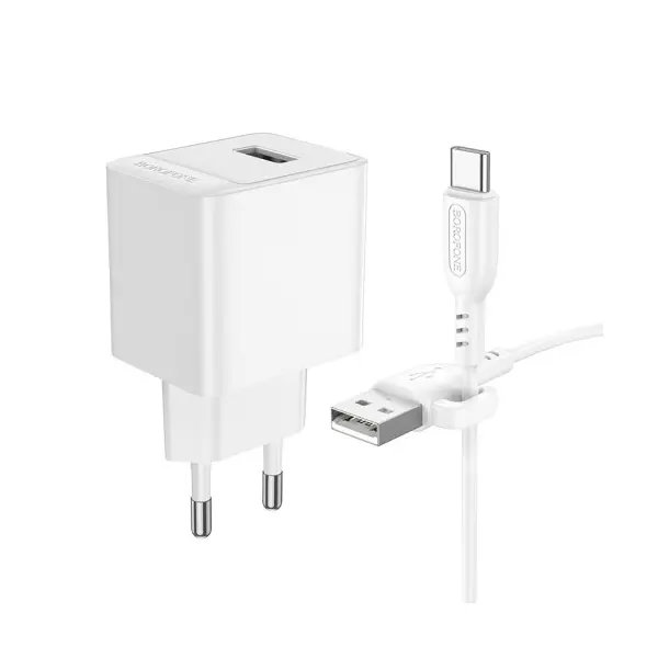 MR4_137600 Мережевий зарядний пристрій borofone bas11a erudite single port 1usb, 2.1a+ cable type-c, білий 