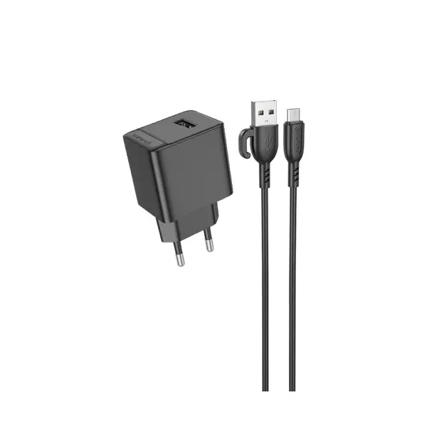МЕРЕЖЕВИЙ ЗАРЯДНИЙ ПРИСТРІЙ BOROFONE BAS11A ERUDITE SINGLE PORT 1USB, 2.1A + CABLE MICRO, ЧОРНИЙ