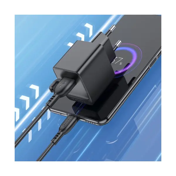 МЕРЕЖЕВИЙ ЗАРЯДНИЙ ПРИСТРІЙ BOROFONE BAS11A ERUDITE SINGLE PORT 1USB, 2.1A + CABLE MICRO, ЧОРНИЙ