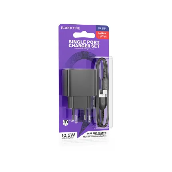 МЕРЕЖЕВИЙ ЗАРЯДНИЙ ПРИСТРІЙ BOROFONE BAS11A ERUDITE SINGLE PORT 1USB, 2.1A + CABLE MICRO, ЧОРНИЙ