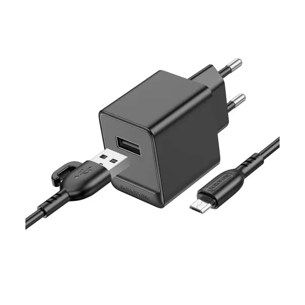 МЕРЕЖЕВИЙ ЗАРЯДНИЙ ПРИСТРІЙ BOROFONE BAS11A ERUDITE SINGLE PORT 1USB, 2.1A + CABLE MICRO, ЧОРНИЙ