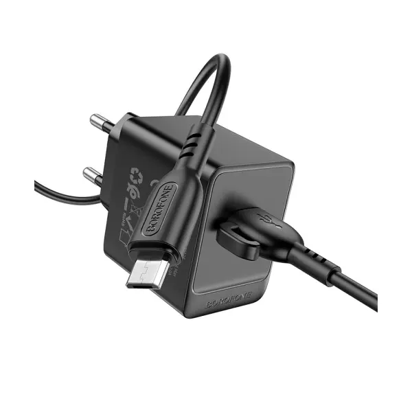 МЕРЕЖЕВИЙ ЗАРЯДНИЙ ПРИСТРІЙ BOROFONE BAS12A ERUDITE SINGLE PORT 18W, QC3.0, 1USB + MICRO, ЧОРНИЙ