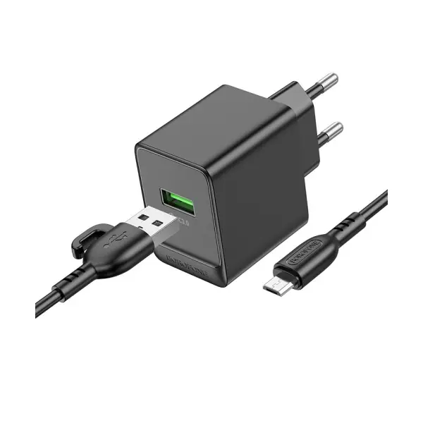 МЕРЕЖЕВИЙ ЗАРЯДНИЙ ПРИСТРІЙ BOROFONE BAS12A ERUDITE SINGLE PORT 18W, QC3.0, 1USB + MICRO, ЧОРНИЙ